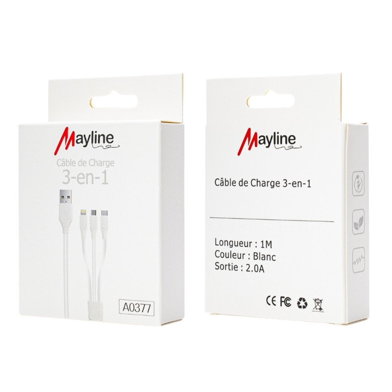 Câble 3 en 1 - USB vers Lightning/Type-C/Micro 20W - 1M (Mayline) — Mayline · Smarty Paris 18e